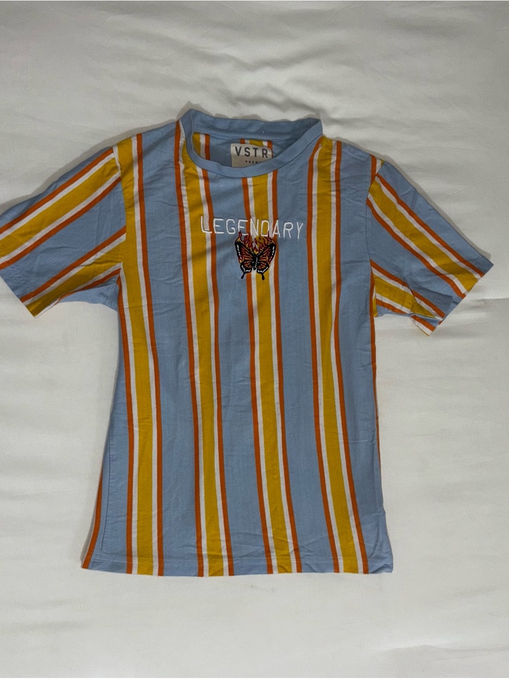 VSTR 'Legendary' Blue Striped Short Sleeve Tee with Yellow & Orange Accents